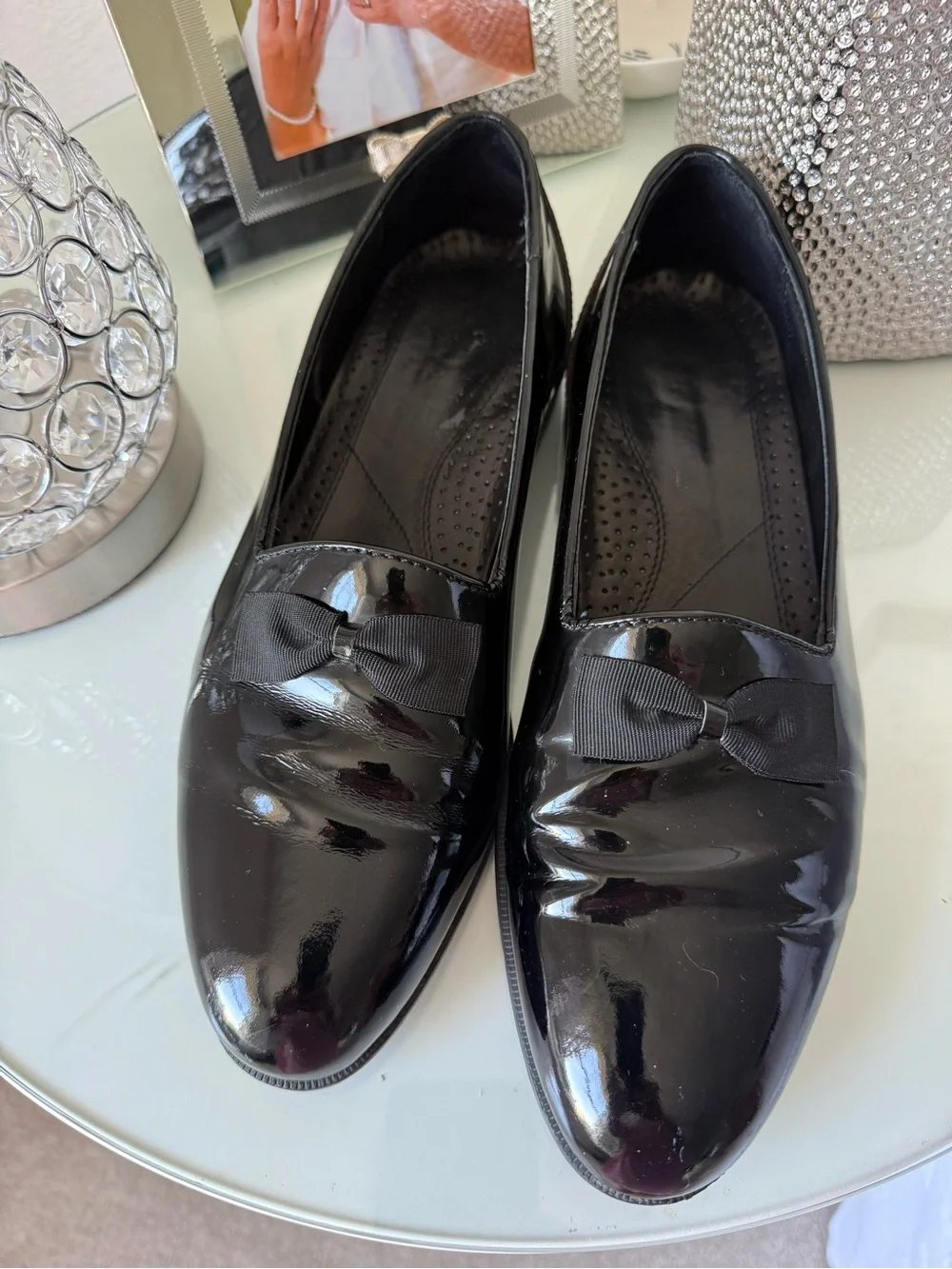 Adolfo Black Patent Slip-On Loafers with Bow Accent